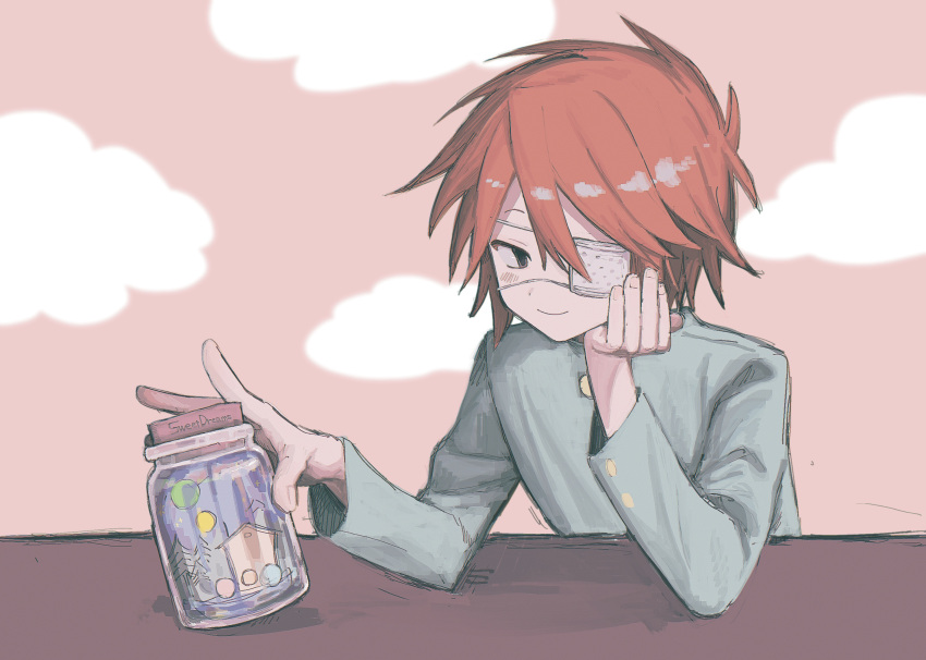 1boy, brown_eyes, commentary_request, eyepatch, gakuran, highres, jar, komiroku, looking_at_viewer, male_focus, medical_eyepatch, orange_hair, pink_background, randal's_friends, randal_ivory, school_uniform, short_hair, solo, table