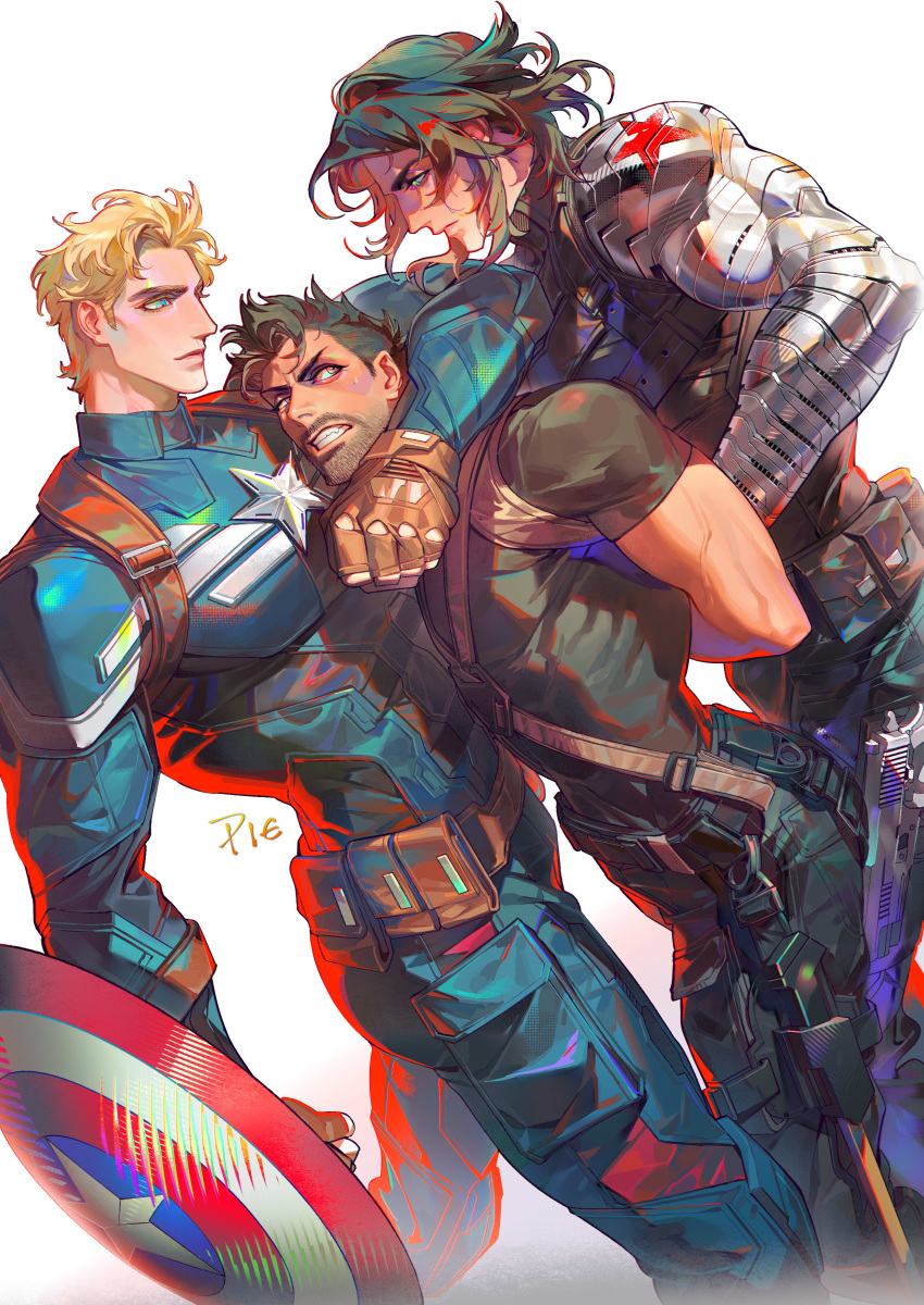 3boys, absurdres, blonde_hair, blue_hair, captain_america, character_request, highres, juicer113