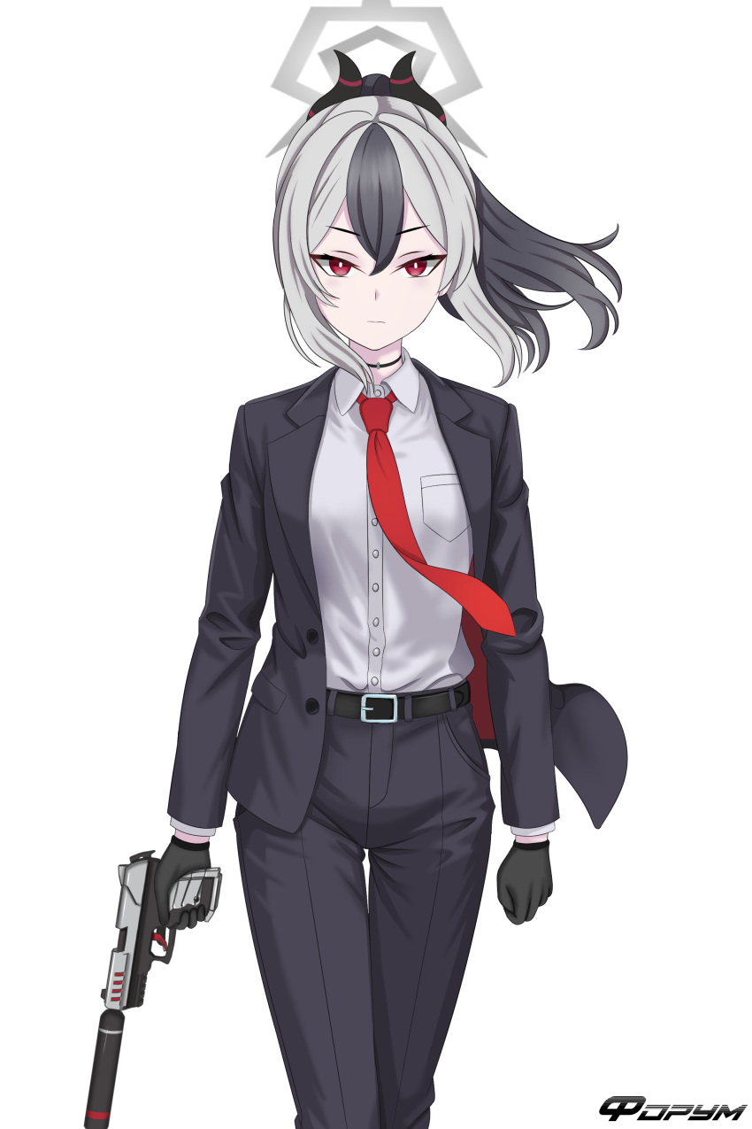 1girl, absurdres, agent_47, agent_47_(cosplay), belt, black_belt, black_choker, black_gloves, black_hair, black_horns, black_jacket, black_pants, black_suit, blue_archive, choker, closed_mouth, collared_shirt, commentary_request, cosplay, demon_horns, expressionless, f0rum7v, finger_on_trigger, gloves, grey_hair, gun, h&amp;k_p30, hair_between_eyes, halo, handgun, highres, hitman_(game), holding, holding_gun, holding_weapon, horns, jacket, kayoko_(blue_archive), long_sleeves, looking_at_viewer, necktie, open_clothes, open_jacket, pants, ponytail, red_eyes, red_necktie, russian_commentary, shirt, sidelocks, simple_background, solo, suit, suppressor, v-shaped_eyebrows, walking, weapon, white_background, white_shirt