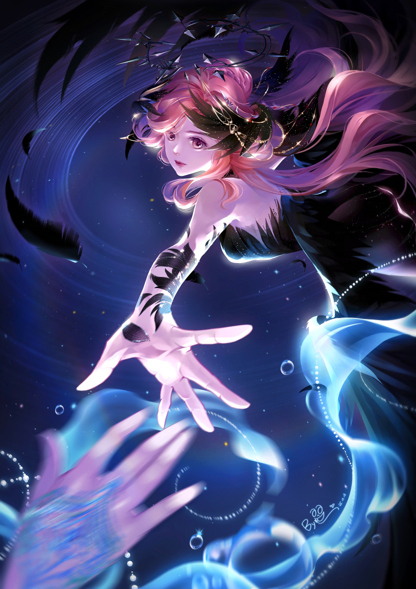 2girls, absurdres, bare_shoulders, bird_wings, black_dress, black_hole, black_wings, blue_bridal_gauntlets