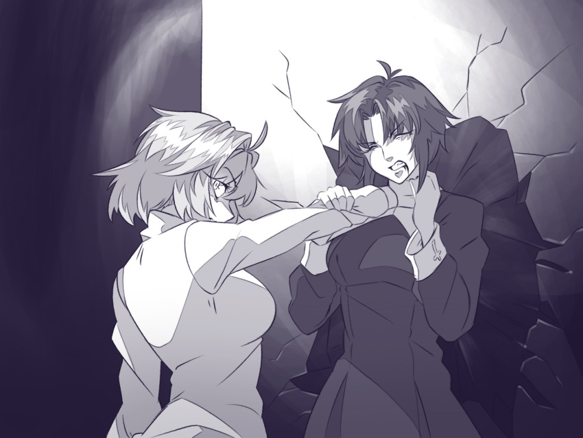 2girls, ahoge, angry, arcueid_brunestud, blood, blood_on_mouth, breasts, buskhusker