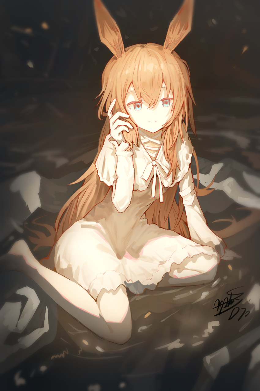 1girl, absurdres, amiya_(arknights), animal_ears, arknights, arm_up, blue_eyes, brown_hair, chinese_commentary, closed_mouth, commentary, dark, dark_background, dress, english_commentary, hair_between_eyes, hand_in_own_hair, highres, long_hair, long_sleeves, mixed-language_commentary, pantyhose, saraph_se_la, sitting, smile, solo, white_dress, white_pantyhose