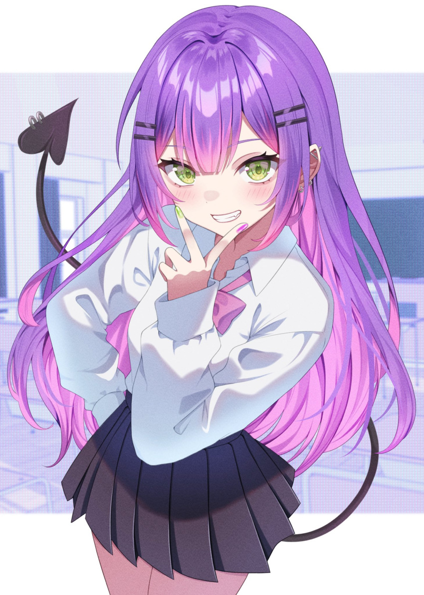 1girl, =_hair_ornament, barbell_piercing, black_skirt, bow, bowtie, center-flap_bangs, classroom