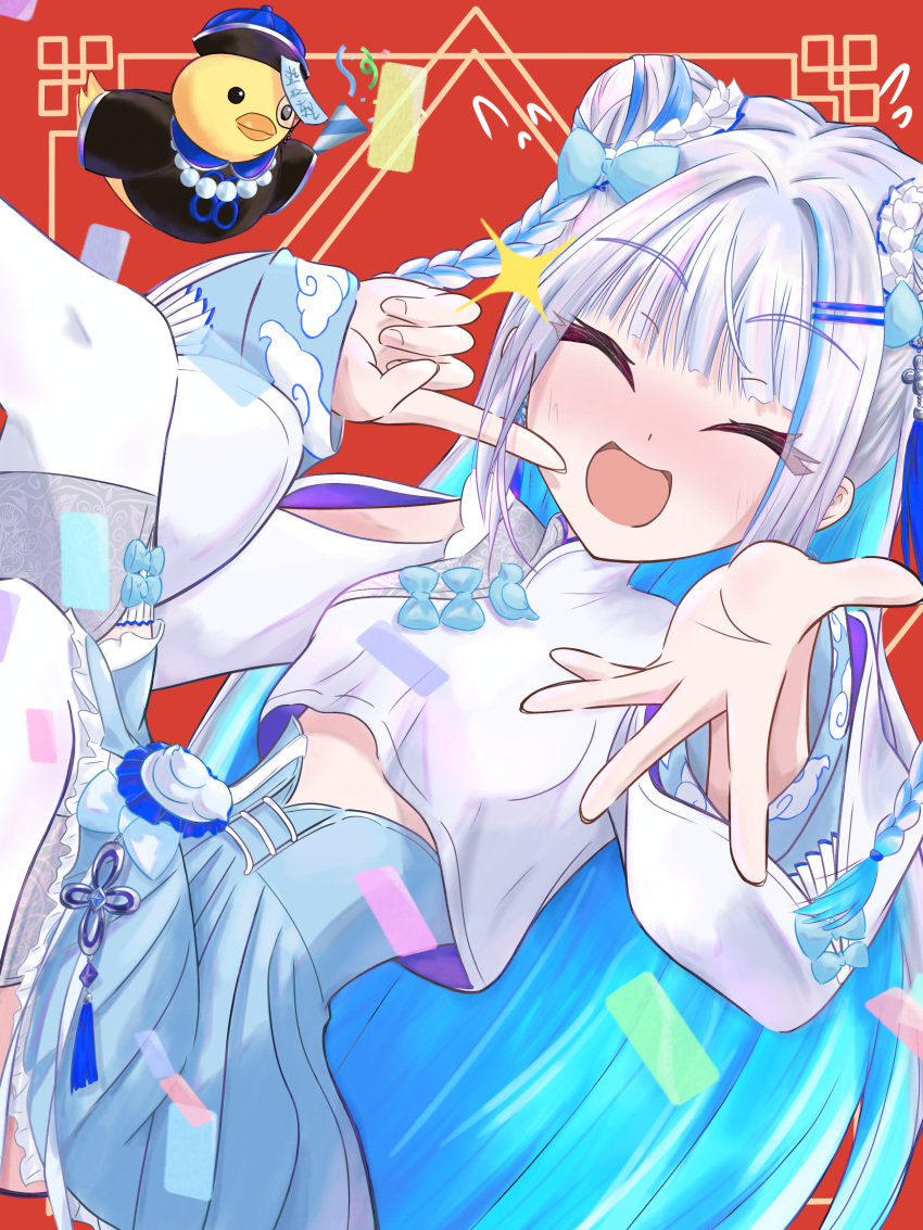 absurdres, blue_bow, blush, bow, braid, chinese_clothes, closed_eyes, clothing_cutout
