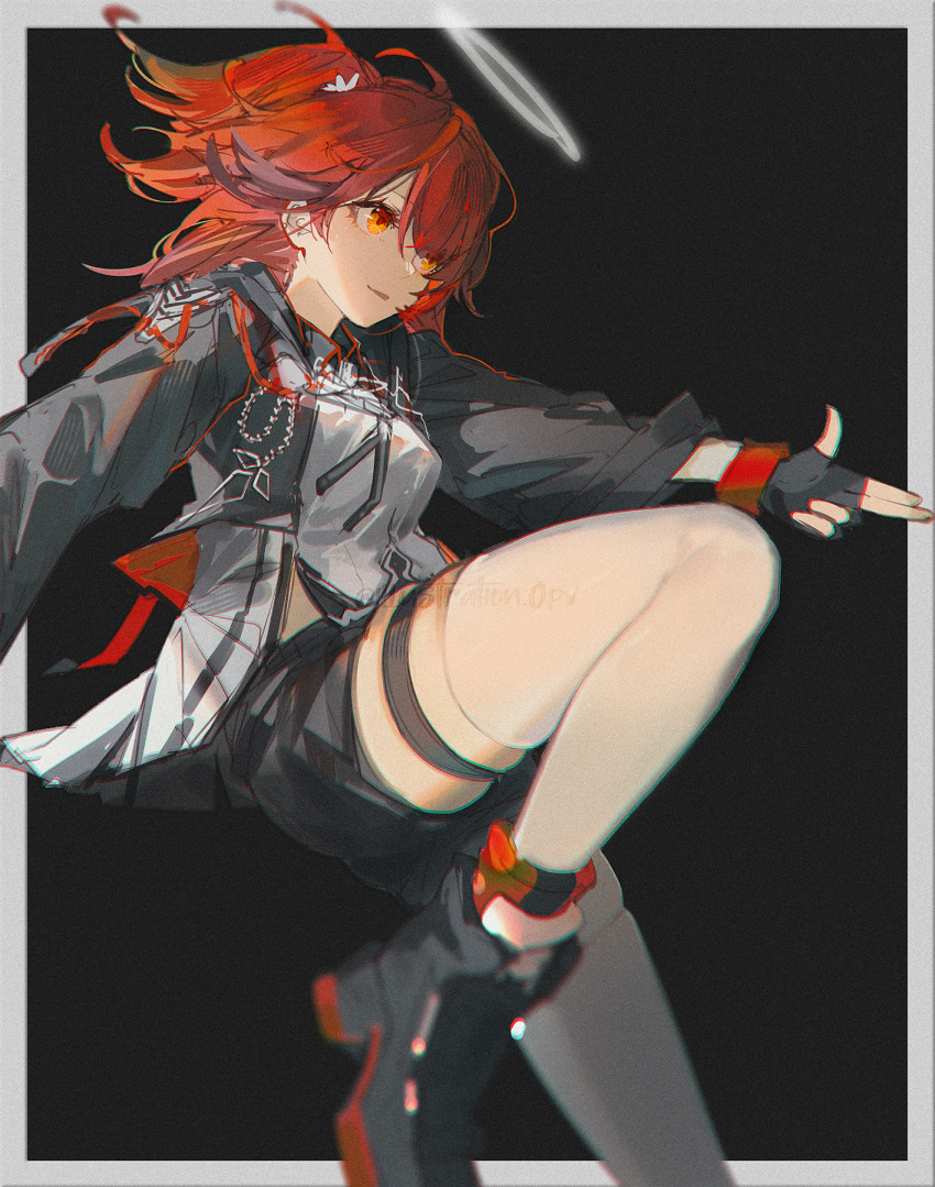 1girl, arknights, black_gloves, black_jacket, black_shoes, black_shorts, breasts, exusiai_(arknights)