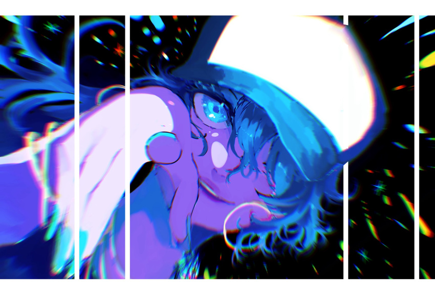 1girl, baseball_cap, blue_eyes, blue_hair, bracelet, hair_between_eyes, hair_over_one_eye, hat