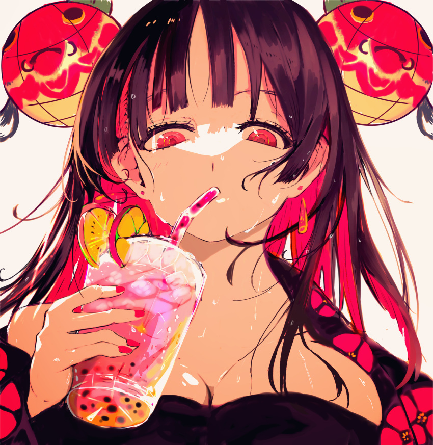 1girl, absurdres, black_hair, black_tube_top, breasts, bubble_tea, colored_inner_hair, commentary_request