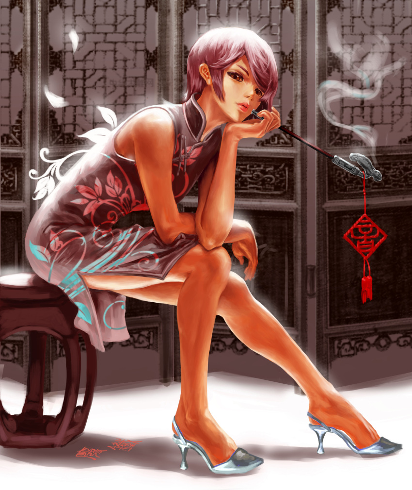 absurdres, brown_eyes, china_dress, chinese_clothes, feitie, high_heels, highres, kiseru