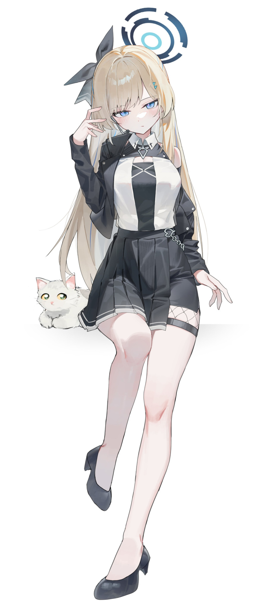 1girl, absurdres, alternate_costume, black_jacket, black_ribbon, black_shoes, black_skirt, blonde_hair