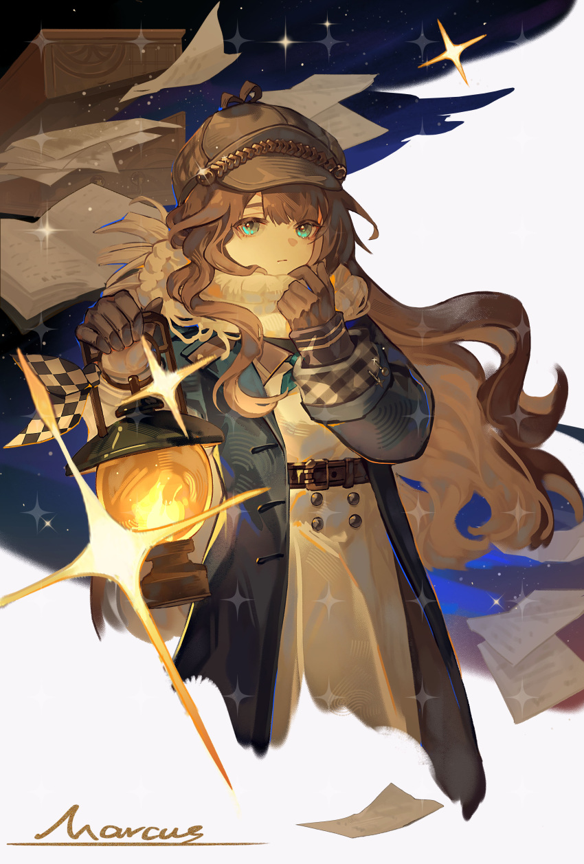 1girl, a_huahuahuahuahua, absurdres, adjusting_scarf, belt, blue_coat, blue_eyes, blue_neckerchief, brown_belt, brown_gloves, brown_hair, character_name, coat, cropped_torso, dress, flying_paper, gloves, grey_hat, hands_up, hat, highres, holding, holding_lantern, lantern, long_hair, marcus_(reverse:1999), neckerchief, newsboy_cap, paper, reverse:1999, scarf, solo, sparkle, star_(sky), starry_sky_background, suitcase, two-tone_background, upper_body, very_long_hair, white_background, white_dress