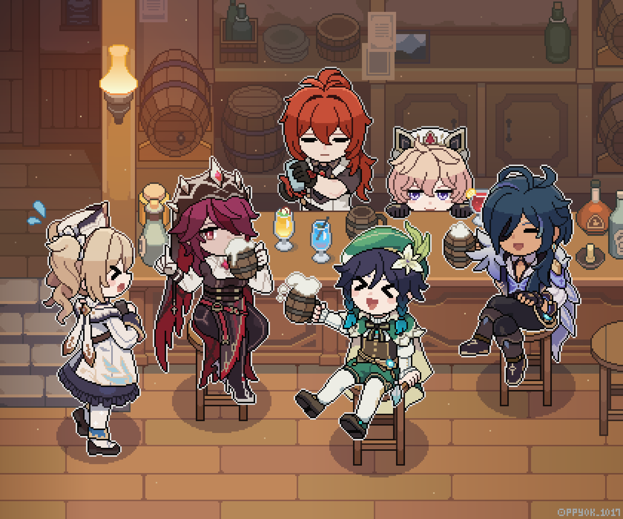>_<, 2girls, 4boys, alcohol, bar_(place), bar_stool, barbara_(genshin_impact), barrel