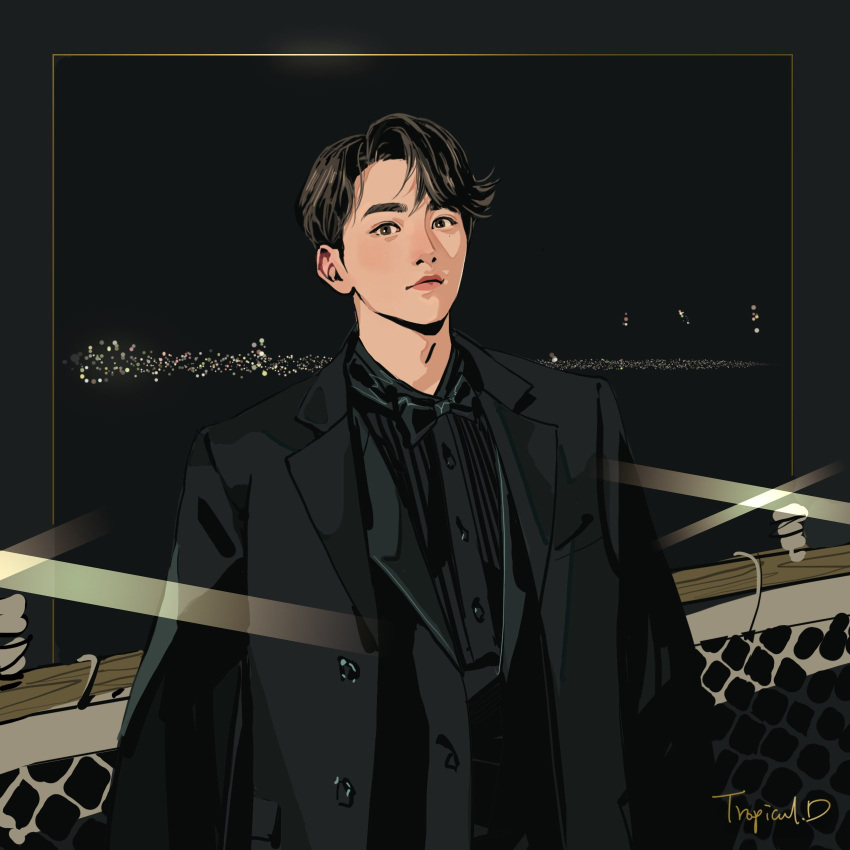 1boy, black_hair, black_jacket, black_shirt, closed_mouth, commentary, highres, jacket, k-pop, looking_at_viewer, making-of_available, male_focus, real_life, seungkwan, seventeen_(group), shirt, short_hair, signature, solo, tropicald2019, upper_body