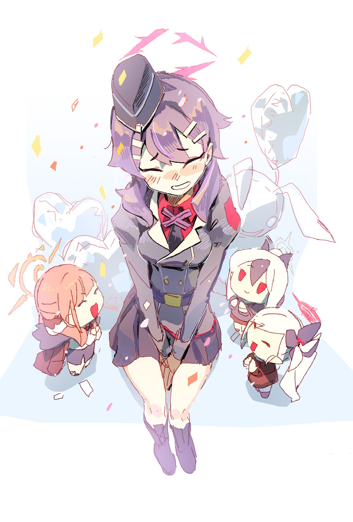 4girls, aru_(blue_archive), black_hair, blue_archive, breasts, closed_eyes, collared_shirt, commentary_request, confetti, emoji_mojimoji, facing_viewer, garrison_cap, hair_ornament, hairclip, halo, haruka_(blue_archive), hat, highres, horns, jacket, juliet_sleeves, kayoko_(blue_archive), korean_commentary, long_sleeves, looking_at_another, multiple_girls, mutsuki_(blue_archive), open_mouth, pointy_ears, problem_solver_68_(blue_archive), puffy_sleeves, purple_hair, purple_jacket, purple_shoes, red_eyes, red_shirt, shirt, shoes, skirt, smile, white_hair