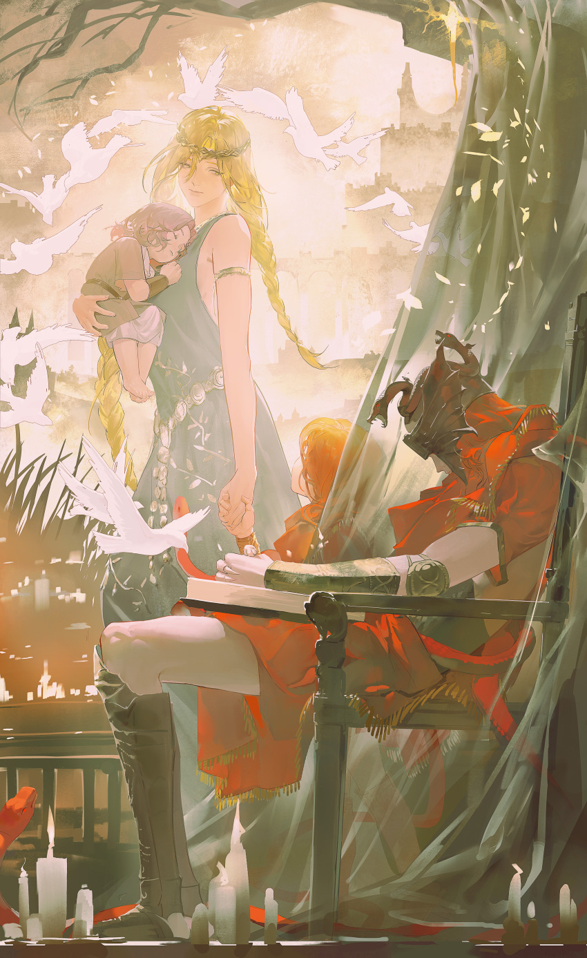 1boy, 2girls, absurdres, armlet, armor, bare_shoulders, blonde_hair, braid, brother_and_sister, brown_hair, candle, circlet, dress, elden_ring, elden_ring:_shadow_of_the_erdtree, gold_circlet, helmet, highres, holding, holding_hands, jewelry, long_hair, melina_(elden_ring), messmer_the_impaler, mother_and_daughter, mother_and_son, multiple_girls, queen_marika_the_eternal, red_hair, siblings, sitting, very_long_hair, weibo_5159781519, winged_helmet, yellow_eyes
