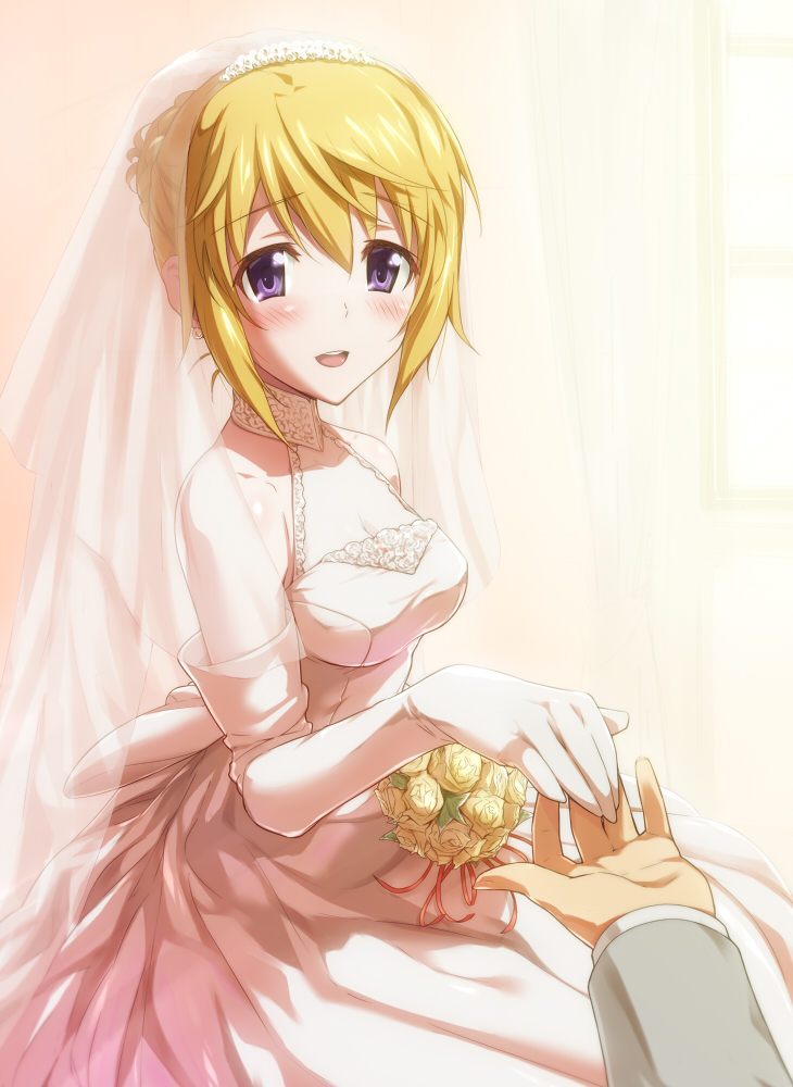:d, blush, bouquet, bride, charlotte_dunois, dress, earrings, elbow_gloves, flower, gloves, infinite_stratos, jewelry, kanna_asuke, op, open_mouth, pov, purple_eyes, smile, solo, veil, violet_eyes, wedding_dress