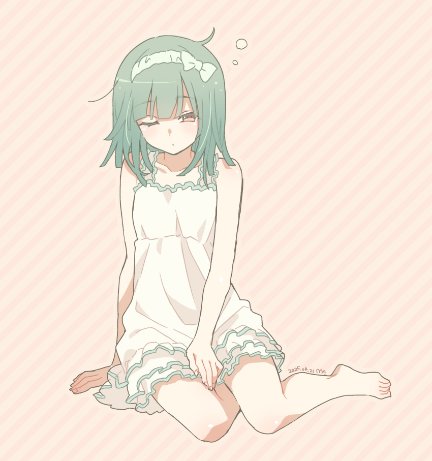 1girl, absurdres, barefoot, bow_hairband, commentary_request, dress, green_hair, hairband, half-closed_eye, highres, manimani_(mani_ma), monogatari_(series), one_eye_closed, orange_eyes, sengoku_nadeko, sengoku_nadeko_(sundress), short_hair, sitting, solo, squeans, straight_hair, striped_background, sundress, white_dress, yokozuwari