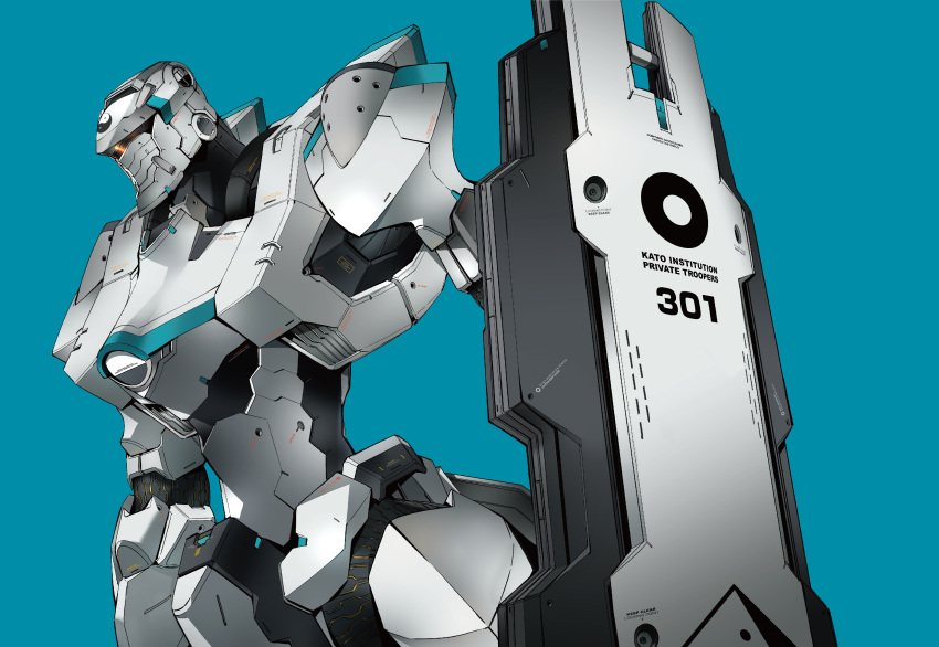 absurdres, blue_background, highres, kurogane_no_linebarrel, mecha, no_humans, robot, science_fiction