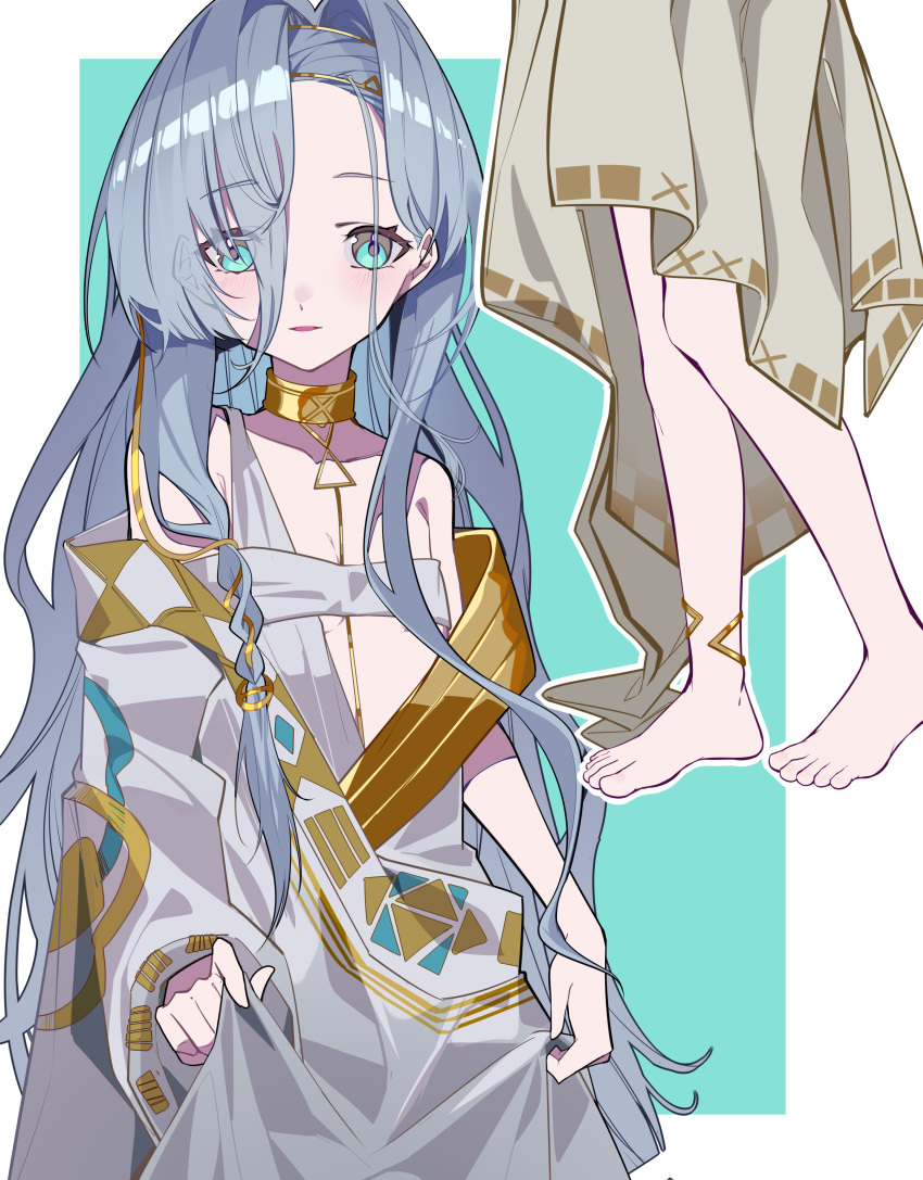 1girl, 37_(reverse:1999), absurdres, ancient_greek_clothes, anklet, aqua_background, bare_shoulders, barefoot