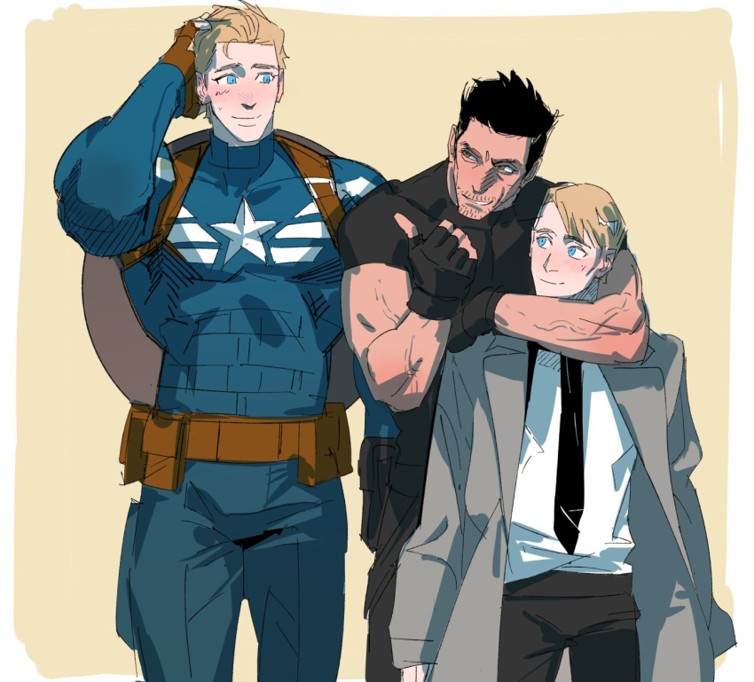 3boys, arm_around_neck, belt, black_belt, black_gloves, black_hair, black_necktie, black_pants