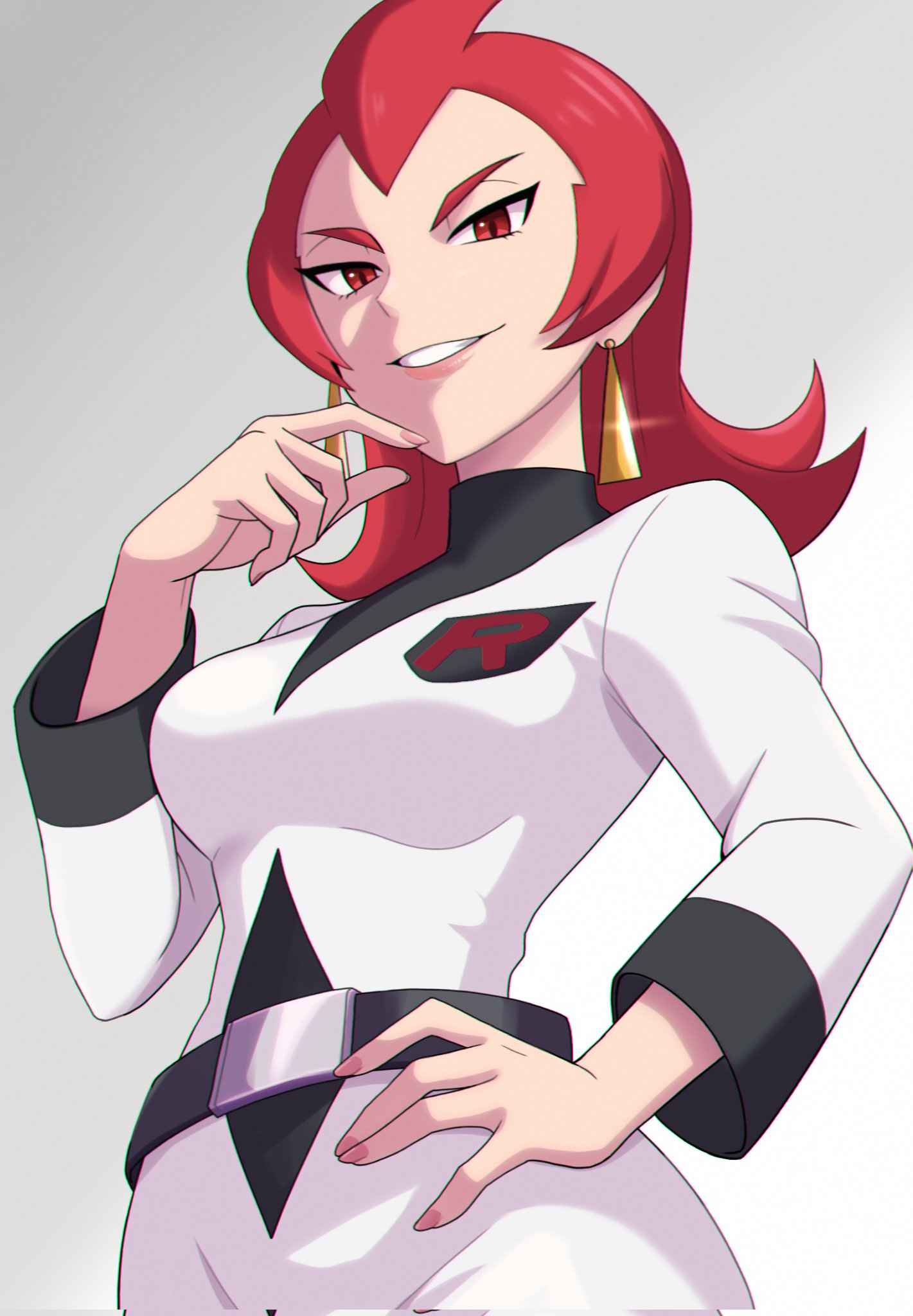 1girl, ariana_(pokemon), belt, black_belt, corrupted_twitter_file, dress, earrings, hand_on_own_hip