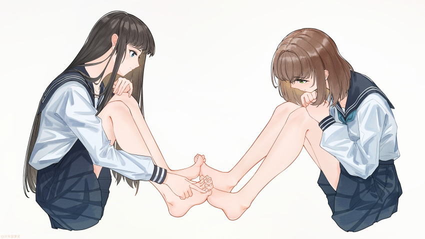 2girls, absurdres, bare_legs, barefoot, blue_eyes, brown_hair, feet, green_eyes