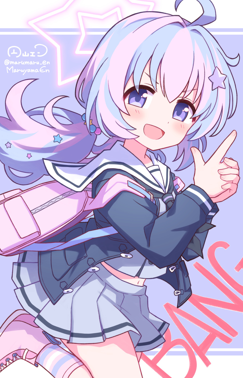 1girl, :d, ahoge, backpack, bag, beads, black_neckerchief, blue_archive, blue_hair, blue_jacket, commentary, finger_gun, grey_shirt, grey_skirt, hair_beads, hair_ornament, halo, highres, jacket, long_sleeves, looking_at_viewer, maruyama_en, miniskirt, multicolored_hair, neckerchief, open_mouth, pink_bag, pink_hair, pink_halo, pink_shoes, pleated_skirt, reisa_(blue_archive), sailor_collar, school_uniform, serafuku, shirt, shoes, skirt, smile, socks, solo, star_(symbol), star_hair_ornament, star_halo, striped_clothes, striped_socks, twintails, two-tone_hair, violet_eyes, white_sailor_collar