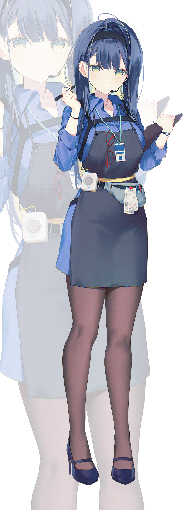 1girl, apron, black_apron, black_hairband, black_shoes, blue_hair, blue_shirt, blue_skirt