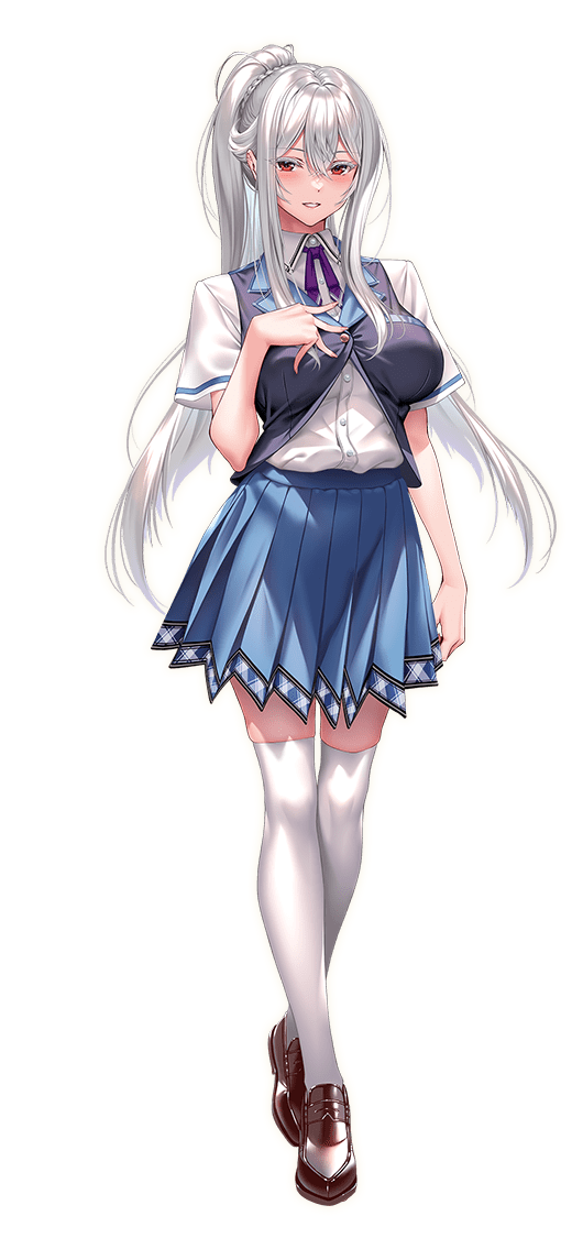 1girl, amakano_3, blue_skirt, blue_vest, breasts, cropped_vest, goshoin_touka, large_breasts, loafers, long_hair, looking_at_viewer, neck_ribbon, official_art, piromizu, pleated_skirt, ponytail_with_braided_base, red_eyes, ribbon, school_uniform, shirt, shoes, skirt, socks, solo, vest, white_hair, white_shirt, white_socks