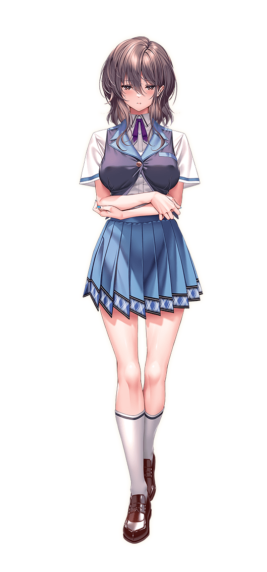 1girl, amakano_3, blue_skirt, blue_vest, breasts, brown_hair, closed_mouth, collared_shirt