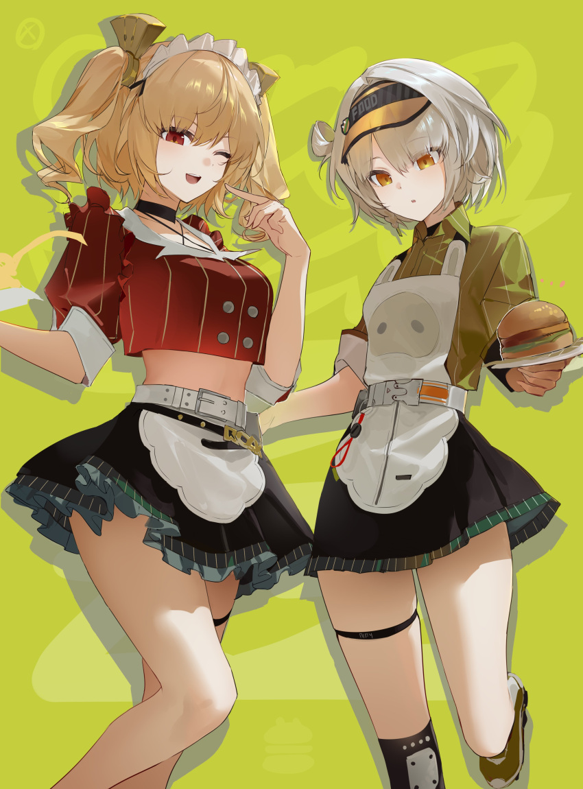 2girls, absurdres, anby_demara, apron, baiser3rd, black_choker, black_skirt, blonde_hair