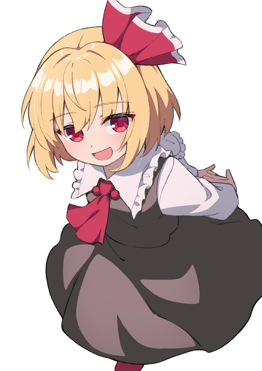 1girl, :d, arms_behind_back, black_skirt, blonde_hair, blush, dot_nose, eyes_visible_through_hair