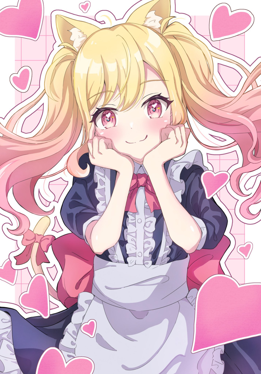 1girl, ahoge, alternate_costume, animal_ear_fluff, animal_ears, apron, back_bow, blonde_hair