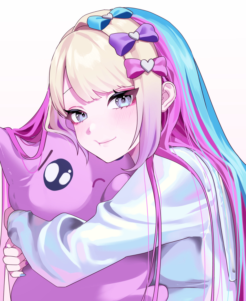 1girl, absurdres, blonde_hair, blue_bow, blue_eyes, blue_hair, blue_shirt, bow, cat-shaped_pillow, character_pillow, chouzetsusaikawa_tenshi-chan, closed_mouth, emoji, hair_bow, hair_down, highres, hugging_object, long_hair, long_sleeves, looking_at_viewer, m_psycho_83, multicolored_hair, needy_girl_overdose, pien_cat_(needy_girl_overdose), pillow, pillow_hug, pink_bow, pink_hair, pleading_face_emoji, purple_bow, shirt, simple_background, solo, upper_body, white_background