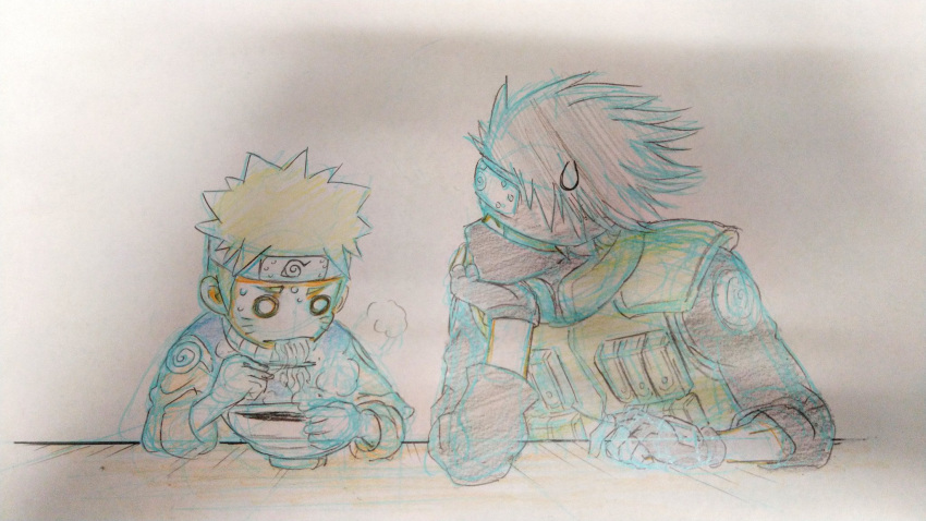 2boys, black_gloves, blonde_hair, bowl, colored_pencil_(medium), commentary_request, eating, fingerless_gloves