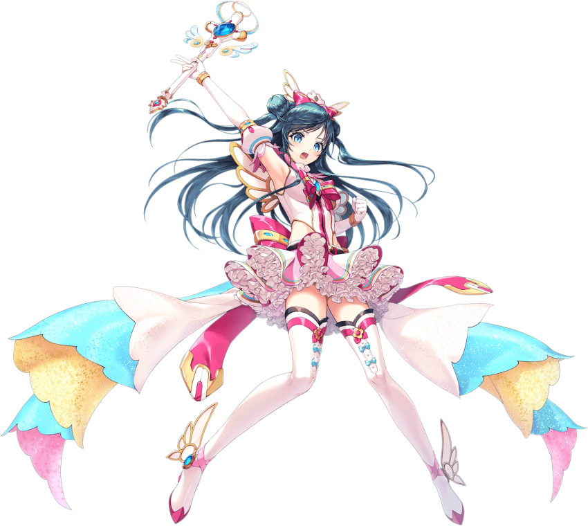 1girl, ankle_wings, arm_up, armpits, artist_request, blue_eyes, bow, breasts, clenched_hand, detached_sleeves, double_bun, frills, full_body, game_cg, hair_bow, hair_bun, highres, magical_girl, official_alternate_costume, official_art, open_mouth, pink_bow, sanya_(unitia), solo, source_request, transparent_background, unitia, wings