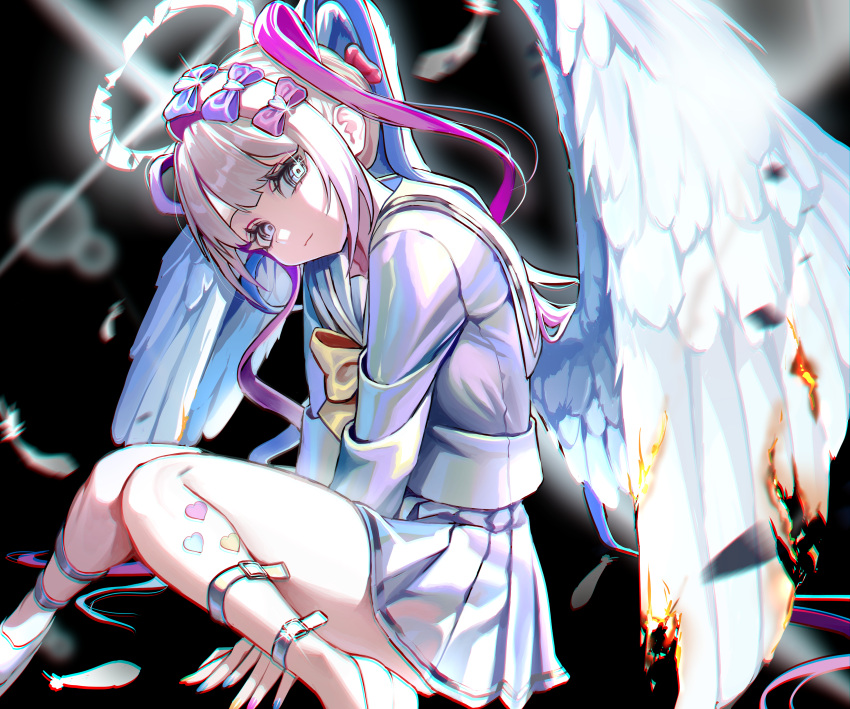 1girl, absurdres, angel_wings, black_background, blonde_hair, blue_jacket, blue_skirt, bow