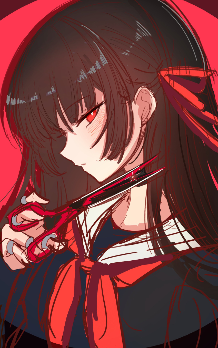 0nineo9, 1girl, absurdres, black_hair, black_shirt, breasts, chisa_(wuthering_waves), commentary, hair_ribbon, hand_up, highres, holding, holding_scissors, large_breasts, long_hair, looking_at_viewer, neckerchief, portrait, profile, red_background, red_eyes, red_neckerchief, red_ribbon, ribbon, sailor_collar, scissors, shirt, simple_background, sketch, solo, white_sailor_collar, wuthering_waves