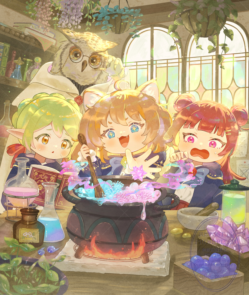 +_+, 1boy, 3girls, :3, :o, absurdres, adjusting_eyewear, ahoge