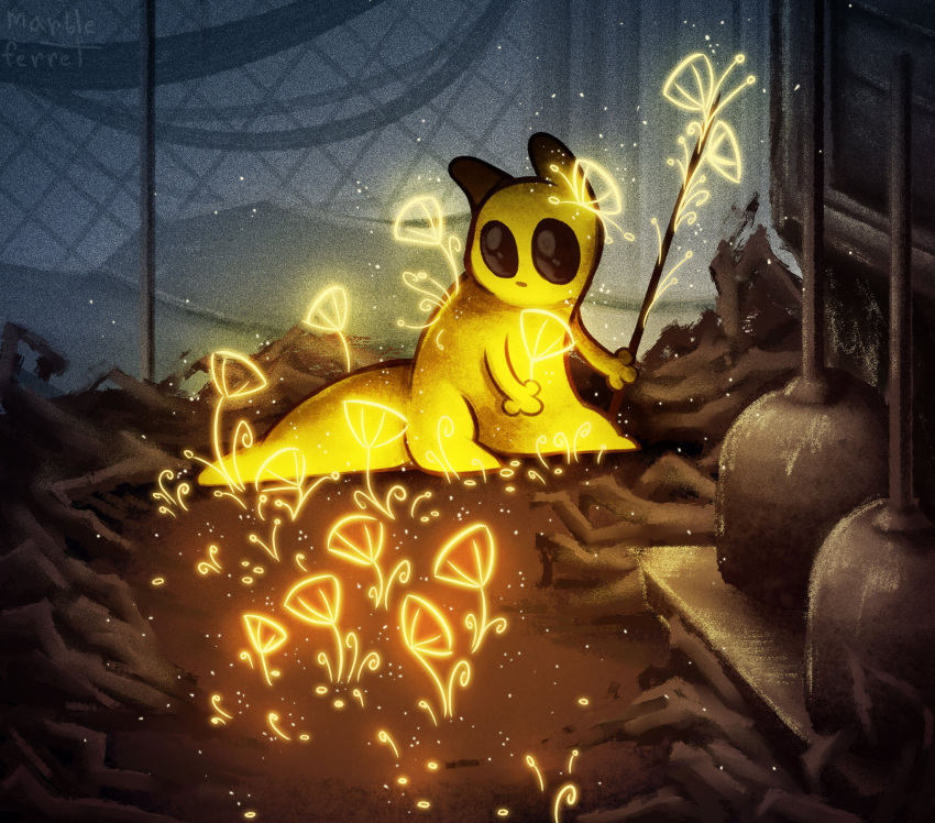 black_eyes, blue_background, creature, english_commentary, field, flower, flower_field, highres, holding, holding_polearm, holding_weapon, industrial_pipe, karma_flower_(rain_world), looking_at_flowers, marble_ferret, monk_(rain_world), monster, on_ground, polearm, rain_world, sky, slugcat, weapon, yellow_fur