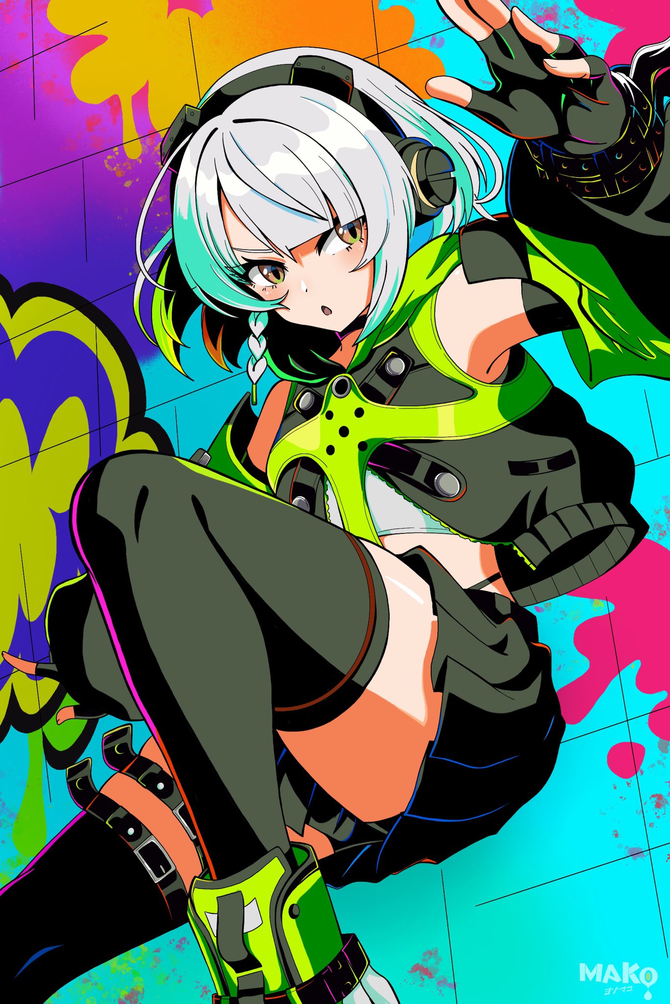 1girl, anby_demara, belted_skirt, black_gloves, black_jacket, black_skirt, black_thighhighs, braid