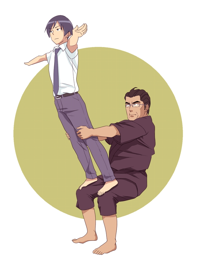 age_difference, barefoot, black_hair, brown_hair, father_and_son, feet, glasses, gymnastics