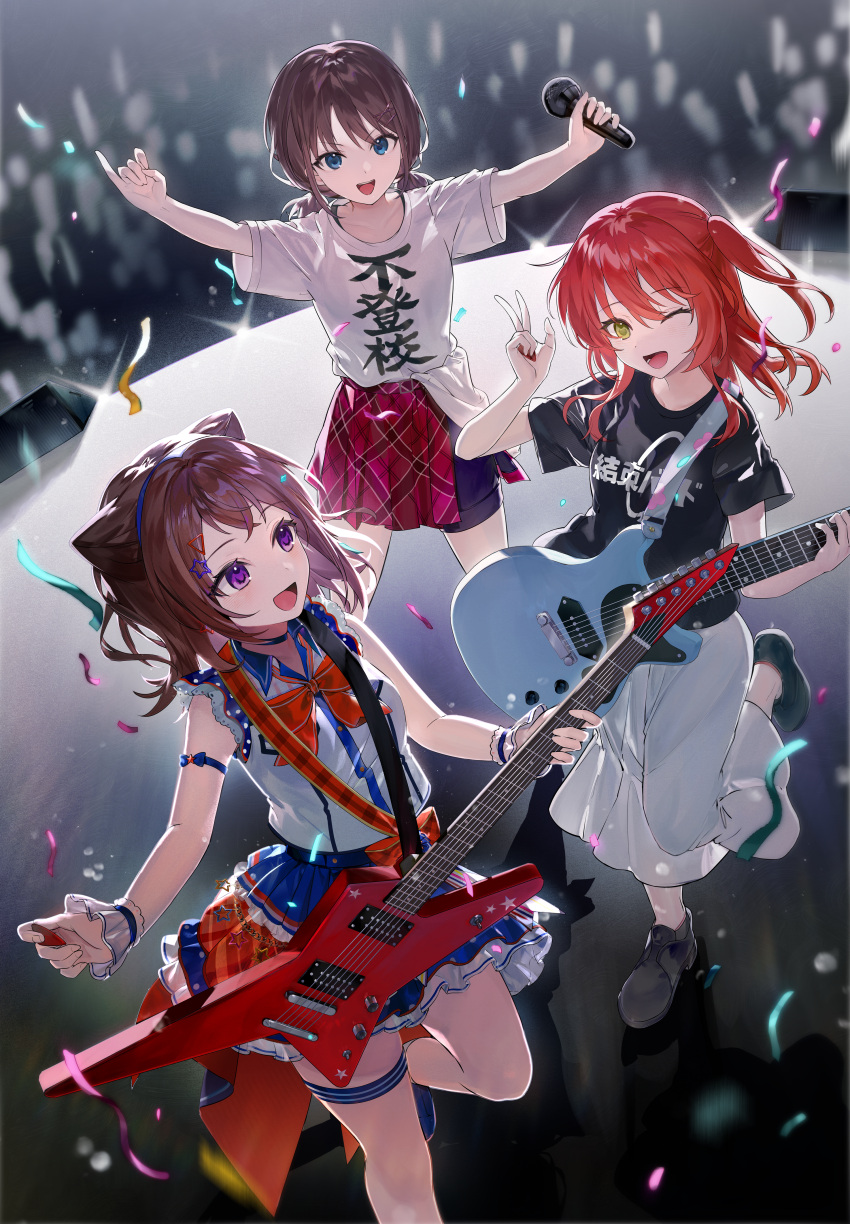 3girls, absurdres, amano_(amn_amn), armlet, bang_dream!, black_shirt, black_shorts, bocchi_the_rock!
