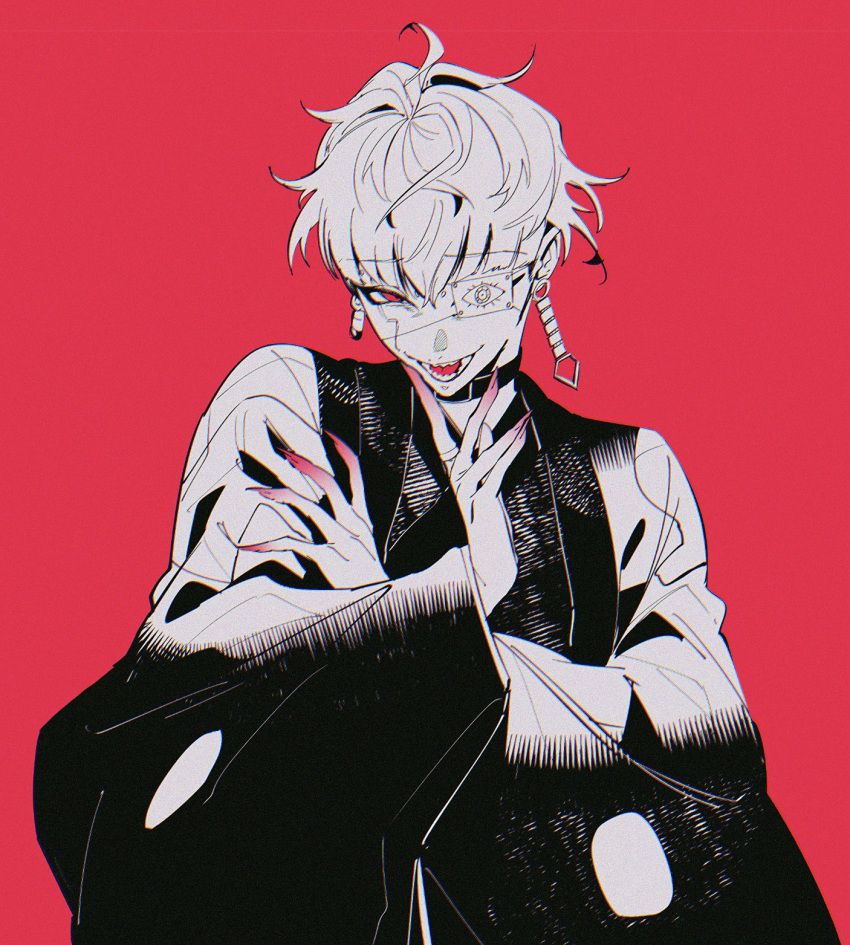 1boy, choker, earrings, eyepatch, facial_mark, hands_up, haori, highres