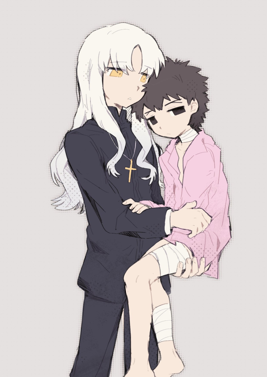 1boy, 1girl, aged_down, androgynous, bandaged_arm, bandaged_neck, bandages, black_eyes, black_hair, caren_hortensia, cosplay, cross, cross_necklace, fate/hollow_ataraxia, fate/zero, fate_(series), highres, jewelry, kotomine_kirei, kotomine_kirei_(fate/zero), kotomine_kirei_(fate/zero)_(cosplay), long_hair, monster_771, necklace, pink_thighhighs, thigh-highs, time_paradox, white_hair, yellow_eyes