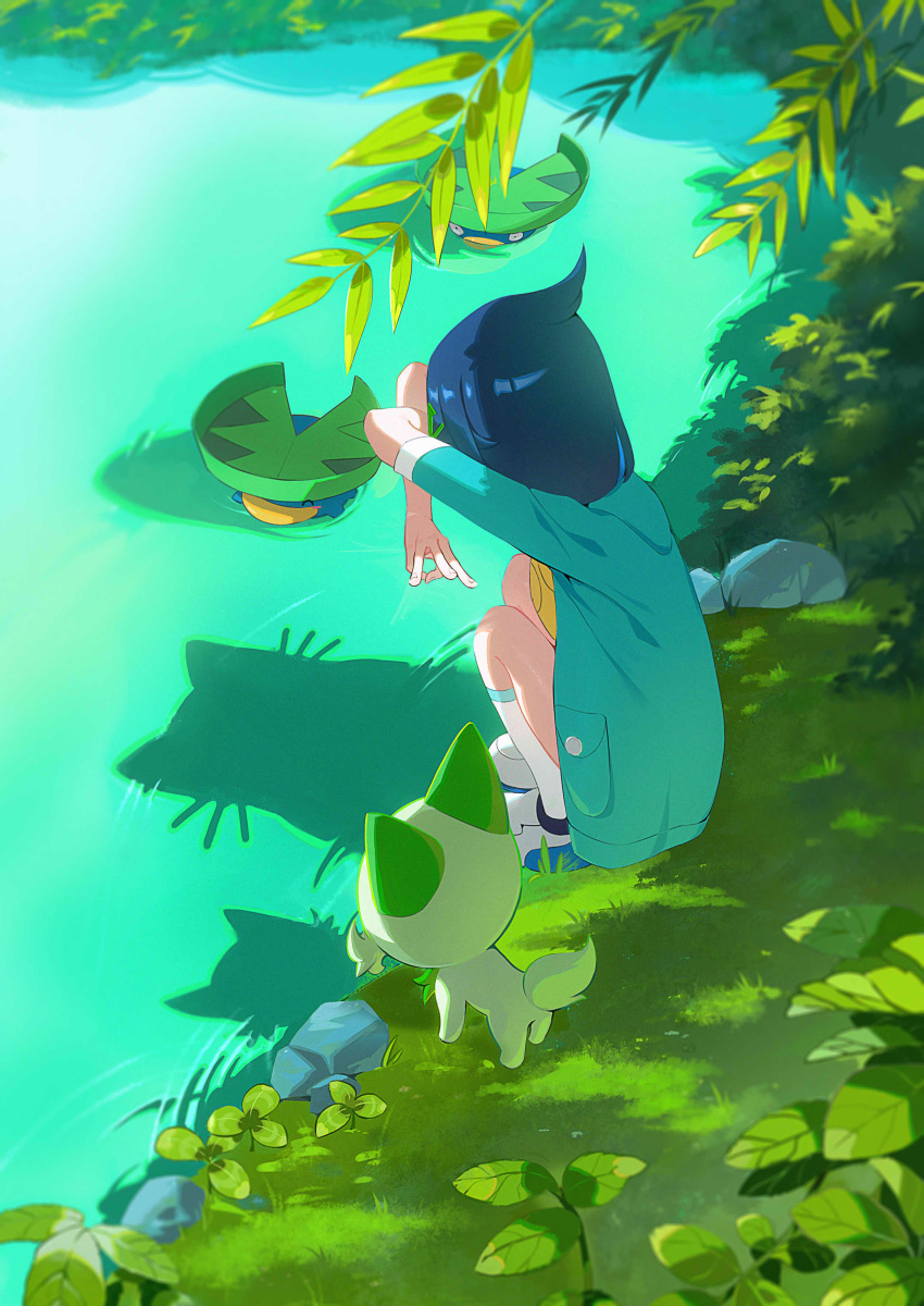 1girl, absurdres, black_hair, cat_shadow_puppet_(meme), commentary_request, cowlick, crossed_arms, day