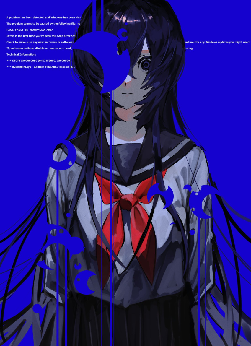 1girl, black_eyes, black_hair, black_sailor_collar, black_skirt, blue_background, blue_screen_of_death, closed_mouth
