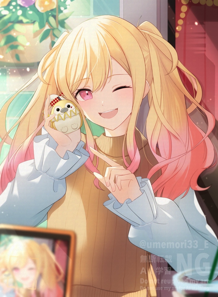 1girl, ;), blonde_hair, blurry, blurry_foreground, cellphone, commentary, double-parted_bangs