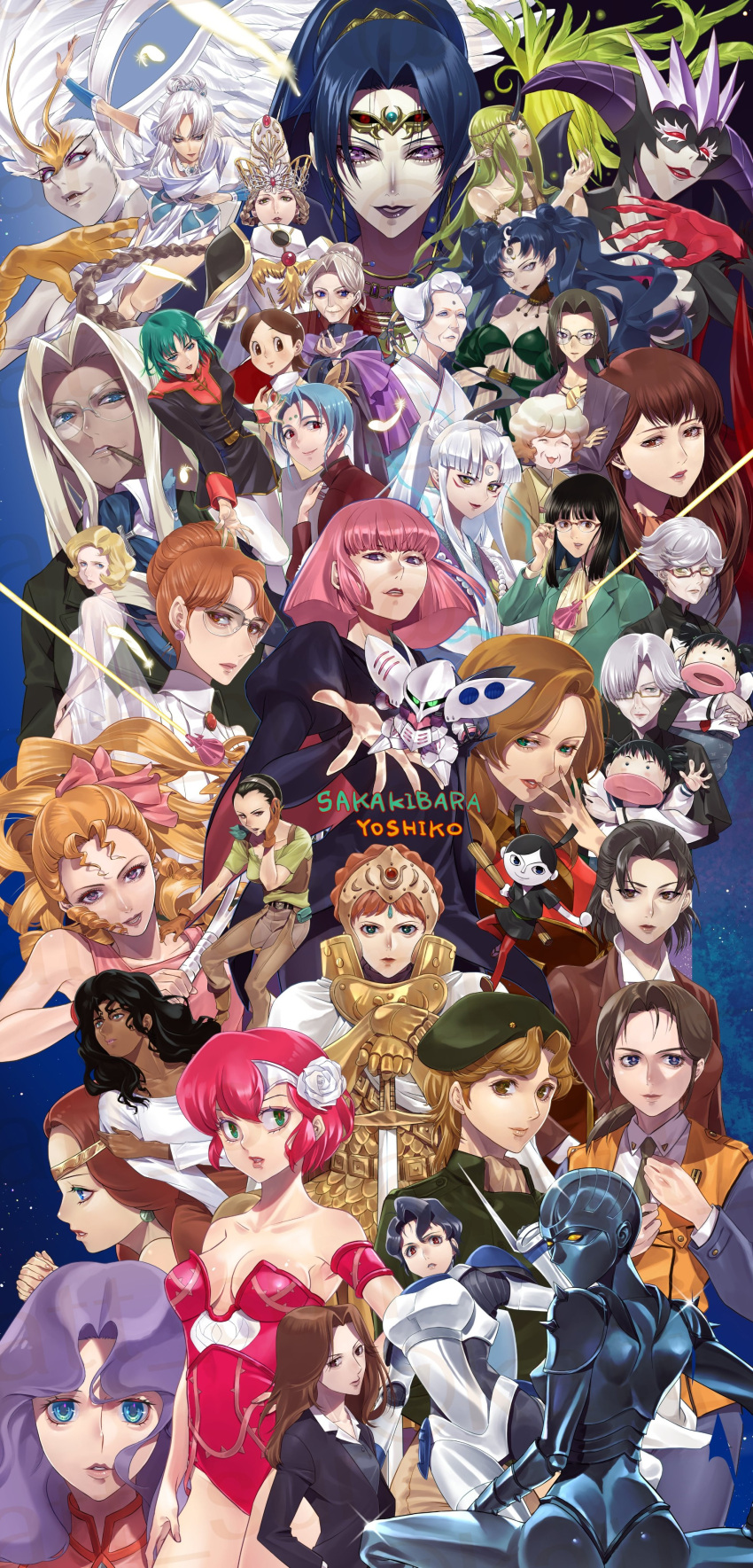 6+girls, absurdres, ass, beret, black_hair, blonde_hair, character_request, copyright_request, dark-skinned_female, dark_skin, glasses, gundam, haman_karn, happy_birthday, hat, highres, katt_sun, knight, leotard, looking_back, multiple_girls, pink_leotard, qubeley, sakakibara_yoshiko, sword, voice_actor_connection, weapon, zeta_gundam