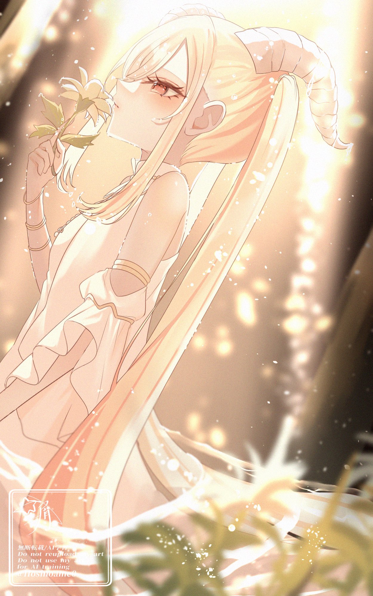 1girl, 7naako5, blonde_hair, bloom, blurry, blurry_foreground, blush, bracelet, breasts, check_commentary, collared_dress, commentary_request, connect_hearts_message_(project_sekai), detached_sleeves, dress, dutch_angle, film_grain, flower, from_side, gold_armlet, gold_bracelet, hair_between_eyes, highres, holding, holding_flower, horns, jewelry, long_hair, long_sidelocks, looking_ahead, official_alternate_costume, parted_bangs, partially_submerged, pink_eyes, profile, project_sekai, ripples, sidelocks, sitting, sleeveless, sleeveless_dress, small_breasts, smelling, smelling_flower, solo, tenma_saki, twintails, very_long_hair, watermark, white_dress, white_flower, white_horns, wide_sleeves