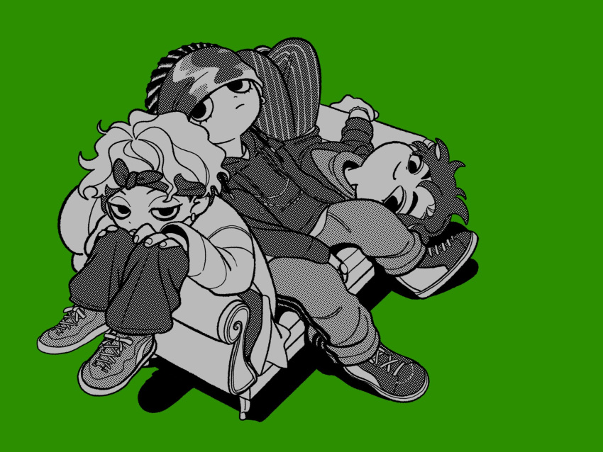 3boys, abinofa, bandana, bandana_around_neck, ben-day_dots, between_legs, bracelet, chain